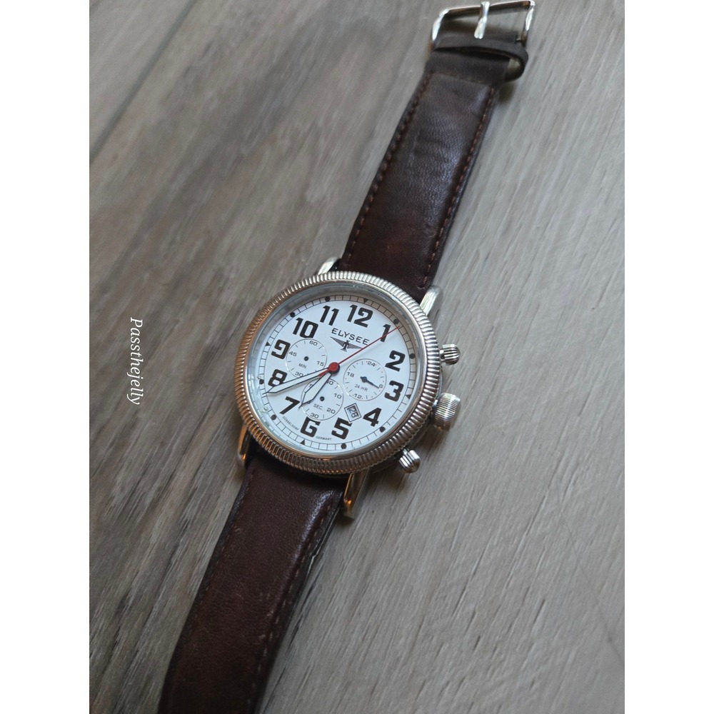 Elysee Chronograph Watch Mens White Dial Brown Leather Pilot Aviator 16324